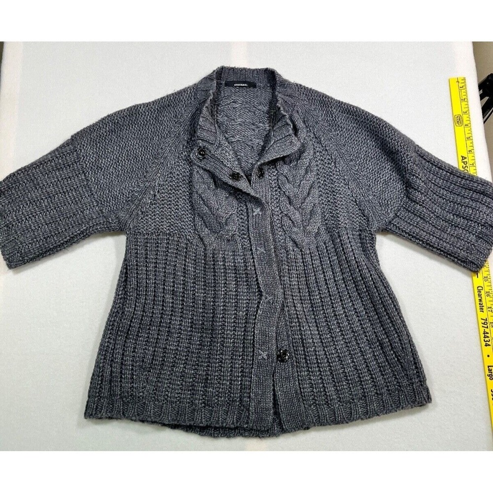 Stefanel Cardigan 3/4 Sleeve Gray Cable-knit Button Front No size tag M?
